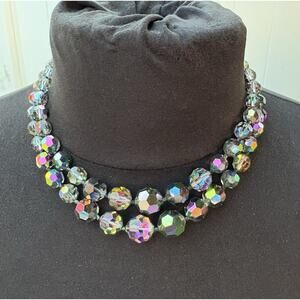 Vintage Double Strand Aurora Borealis Colorful Necklace Clear Crystal Closure